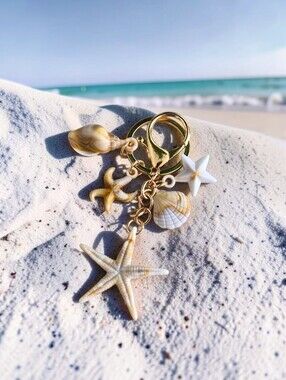 Seashells & Starfish Bag Charm / Keychain - Gold Hardware